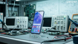 Galaxy A55 já pode testar versão beta da One UI 9 Smartphone apoiado verticalmente em um suporte de acrílico transparente sobre uma bancada de laboratório de eletrônica com ferramentas técnicas e circuitos ao fundo, iluminação fria direta de LED, vista em contra-plongée, paleta em tons de ciano e cinza industrial