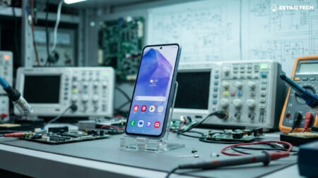 Galaxy A55 já pode testar versão beta da One UI 9 Smartphone apoiado verticalmente em um suporte de acrílico transparente sobre uma bancada de laboratório de eletrônica com ferramentas técnicas e circuitos ao fundo, iluminação fria direta de LED, vista em contra-plongée, paleta em tons de ciano e cinza industrial