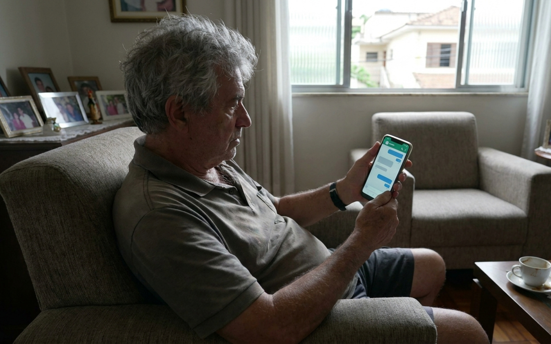 Eleitor brasileiro sentado no sofá de casa olhando para a tela de um smartphone que exibe uma interface de conversa automatizada