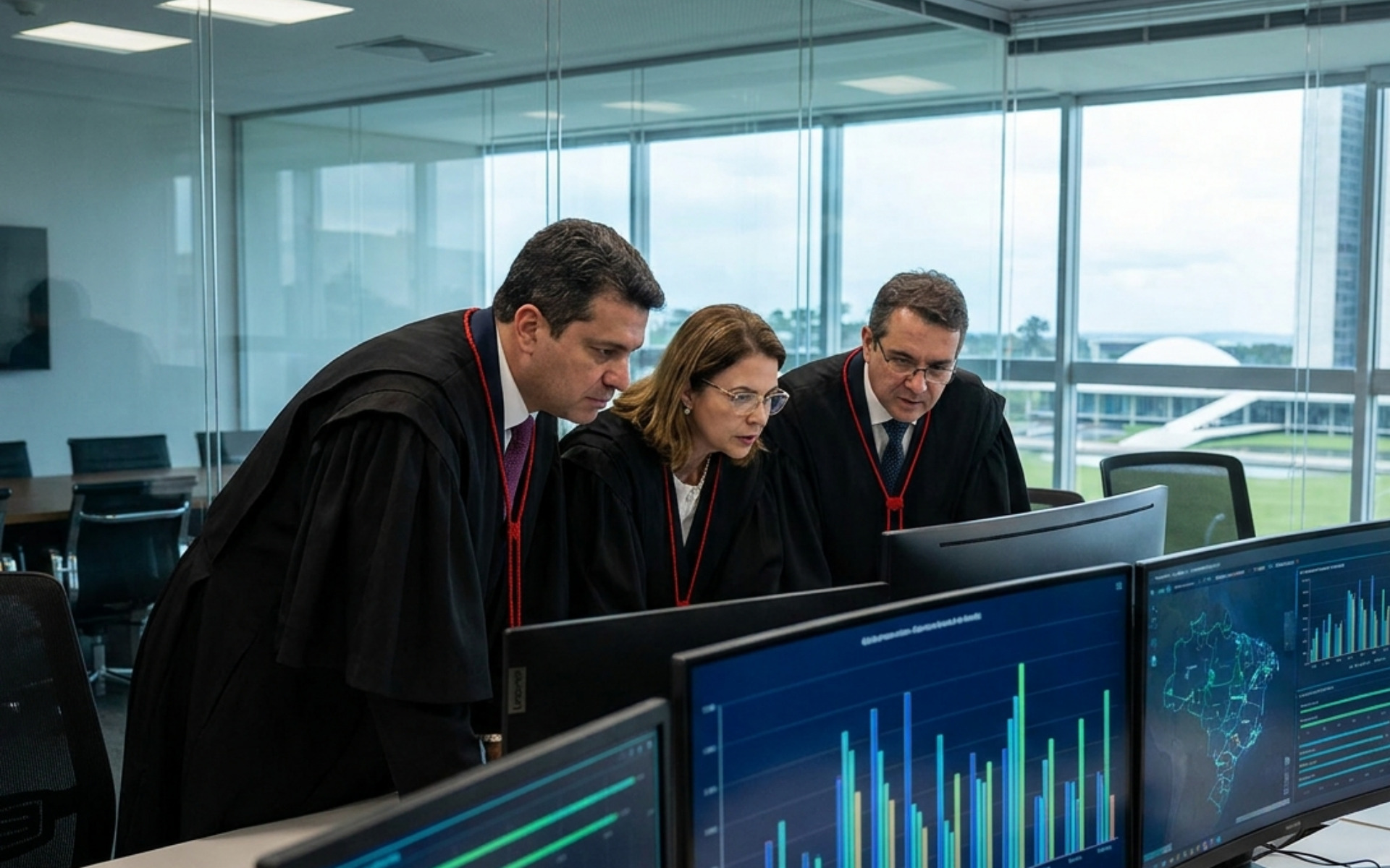 Juízes eleitorais analisando telas de computadores com gráficos de monitoramento digital em uma sala de reuniões moderna em Brasília