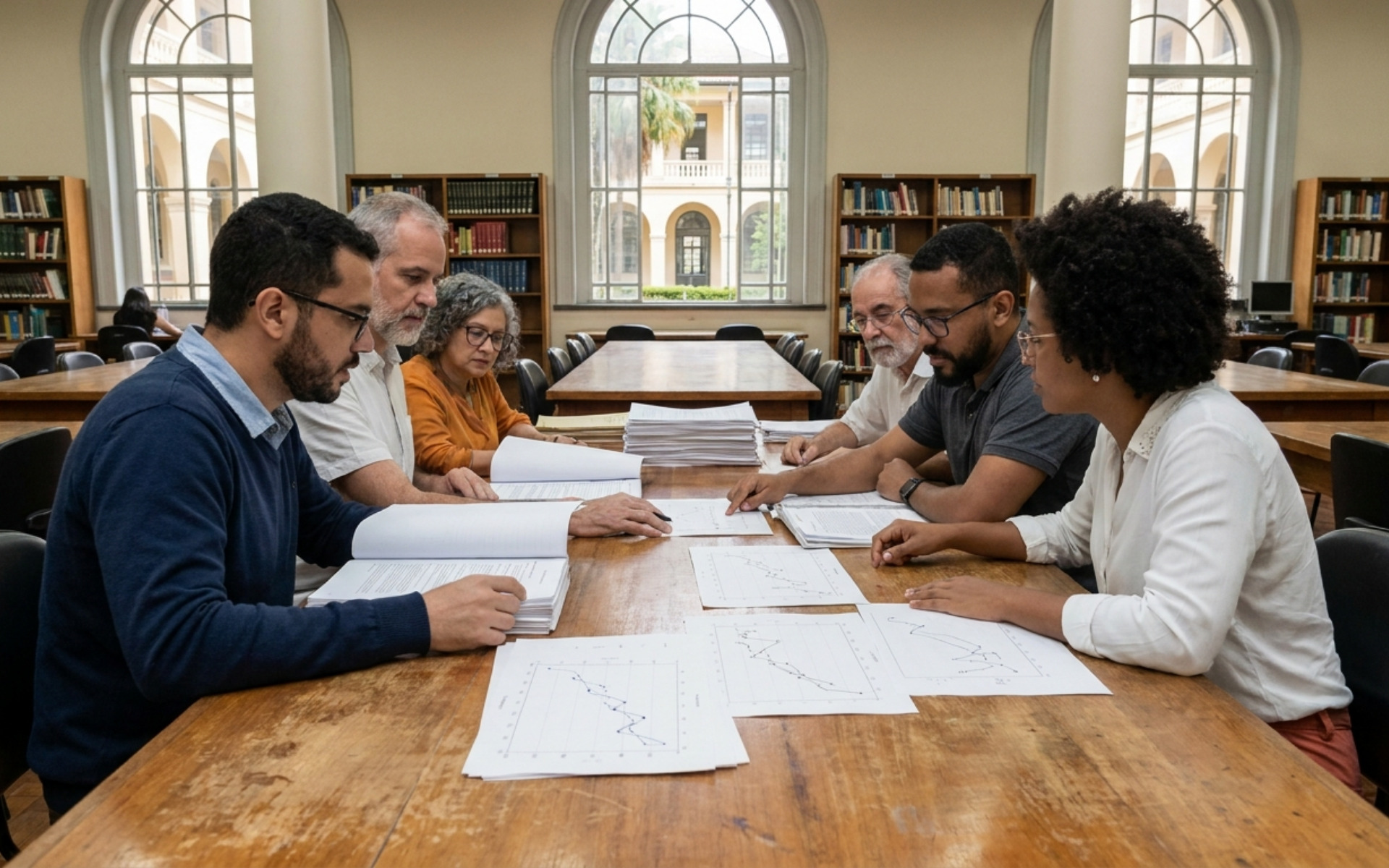 Pesquisadores acadêmicos em uma biblioteca universitária brasileira analisando gráficos e documentos impressos sobre uma mesa de madeira