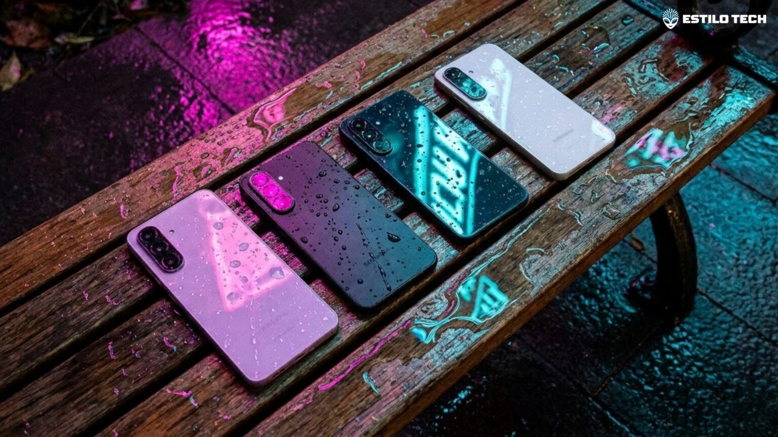 Galaxy A38 5G: rumor indica câmera de 50 MP igual à do A37 Smartphone repousando sobre um banco de jardim molhado pela chuva ao ar livre sob a iluminação neon magenta e ciano de letreiros urbanos à noite, visto de cima em ângulo zenital